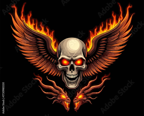 Biker vector t-shirt design with fire human skull,
wings, demons on black background.
Fashionable print for fabric, paper, men clothing,
hoodie, biker jacket. T shirt template.