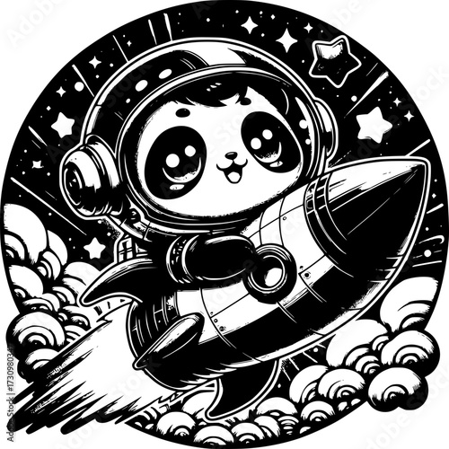 Panda Astronaut in Space: A charming panda in a space suit soars through the cosmos, riding a rocket ship amidst a constellation of stars and clouds, embodying wonder and adventure.