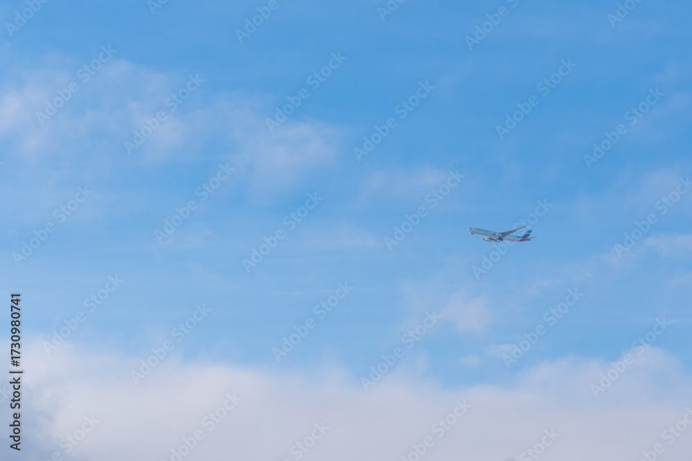 Fototapeta premium Commercial airplane approaching Frankfurt Airport, photographed from Hochheim am Main in Germany – aircraft in flight with landing gear down against cloudy sky, aviation and travel concept