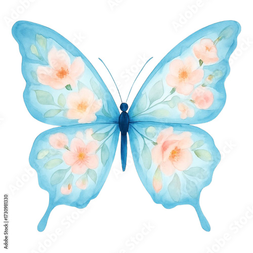 A delicate watercolor painting of a butterfly with soft blue wings decorated with light pink flowers, creating a serene and charming design in PNG format.