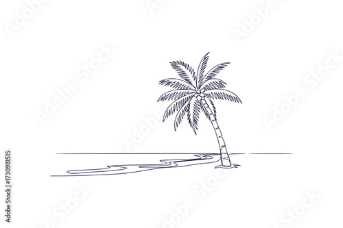 Minimalist hand drawn illustration of a single palm tree casting a long shadow on a white background