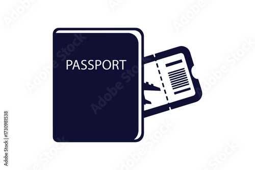 Dark blue passport with airplane ticket emerging from the side isolated on white background