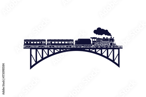 Silhouette of a vintage steam train crossing a large arched railway bridge with smoke billowing