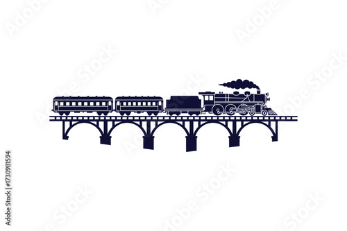 Silhouette of a vintage steam train with multiple carriages crossing a tall wooden trestle bridge
