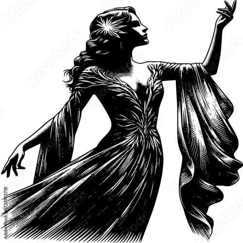 Graceful Silhouette: A captivating illustration portrays a woman in an elegant gown, with outstretched arms. The scene captures an air of wonder and ethereal beauty.