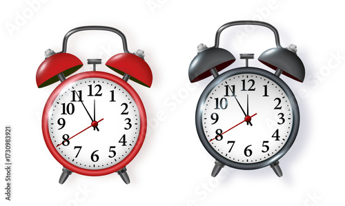 Black alarm clock on white background. Morning, reminder. Vector metal vintage ringing alarm clock on bright white background. Vector
