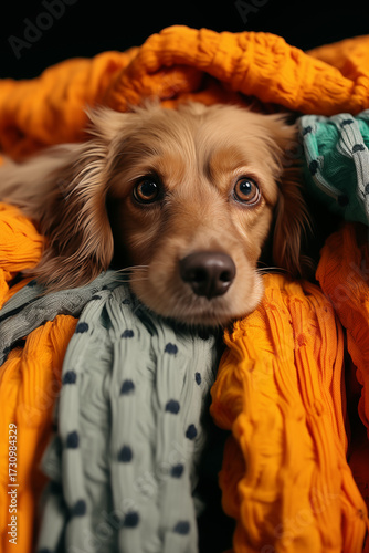 sweet cocker spaniel or golden dog resting its head, snuggled between folds of orange and patterned knit blankets or sweaters in a very cozy and warm autumn scene. Autumn concept,  autumn season