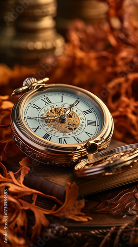 luxurious vintage open pocket watch with gold skeleton gears and roman numerals, surrounded by vibrant autumn leaves in warm, dramatic light, symbolizing time