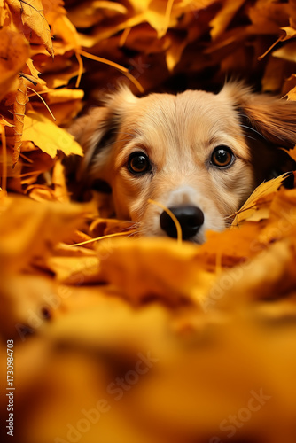 golden retriever puppy.  adorable puppy with big eyes peeking out from a deep tunnel or pile of bright golden and orange autumn leaves, a cozy and immersive fall portrait. Autumn concept,  autumn mood