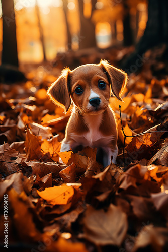 adorable puppy with big blue eyes sitting amongst a thick layer of vibrant orange and brown autumn leaves in a forest, lit by warm golden sunlight. Autumn concept,  autumn season,  fall