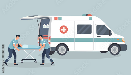 Paramedics load a patient on a stretcher into an ambulance. This flat vector illustration shows emergency medical services in action, symbolizing urgent care