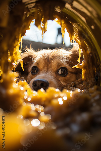 adorable dog or puppy with wide eyes looking up from the bottom of a jar or container, completely covered in peanut butter, captured in a funny, close-up shot. Autumn concept,  autumn season,  fall