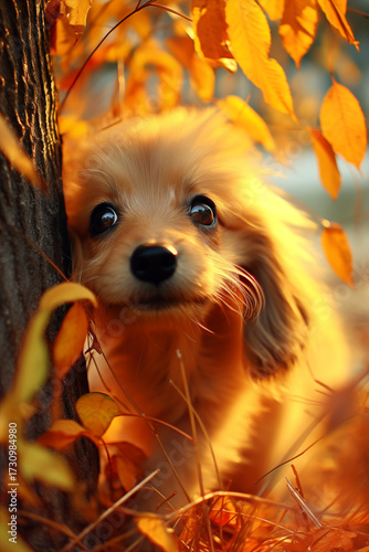 adorable long-haired dachshund or small puppy peeking around a tree trunk, surrounded by bright golden autumn leaves in warm, sunny light, a cozy fall portrait. Autumn concept,  autumn season,  fall