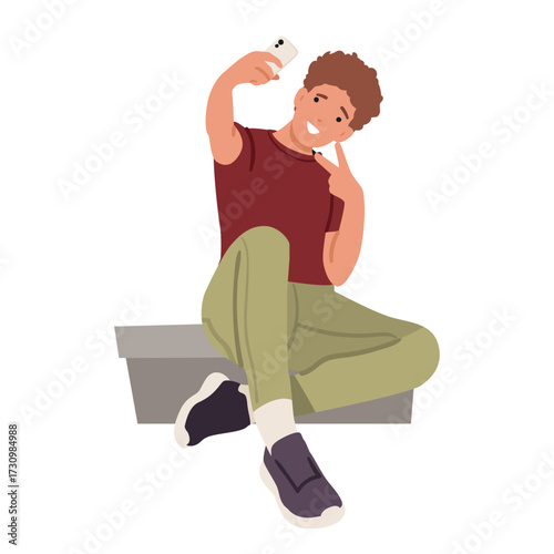 Happy teenage guy cartoon character making selfie by mobile camera sitting on stone parapet