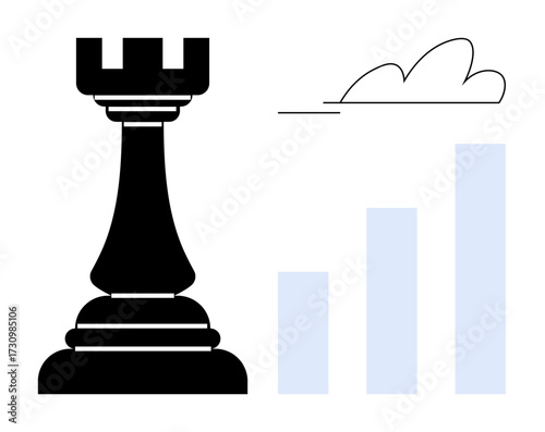 Chess rook standing near a rising bar graph and cloud, visualizing strategy, success, growth, planning, leadership, competition, analysis. Ideal for business strategy and planning simple flat