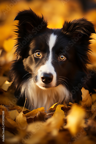 intense close-up portrait of a gorgeous black and white border collie with striking gold eyes nestled in a massive pile of bright yellow and orange autumn leaves. Autumn concept, autumn season,  fall