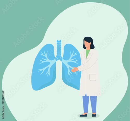 A female doctor in a lab coat presenting a large, clear illustration of human lungs, symbolizing respiratory health, pulmonology, and medical expertise