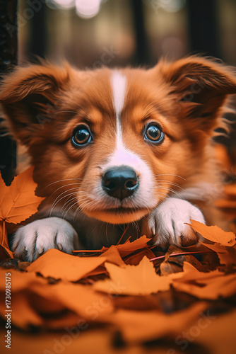 adorable border collie or shepherd puppy with big eyes peering over a pile of vibrant orange autumn leaves, a sweet and cozy fall portrait. Autumn concept, autumn season,  fall