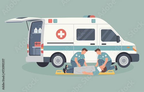 Paramedics give first aid to an injured person on a stretcher next to an ambulance. This vector art shows emergency medical services in action