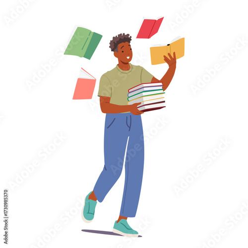 Inspired boy cartoon character reading books enjoying studying process and hobby isolated on white