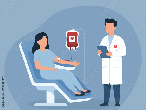 A woman donates blood under a doctor's supervision. This flat vector illustration represents charity, healthcare, and the life-saving act of donation
