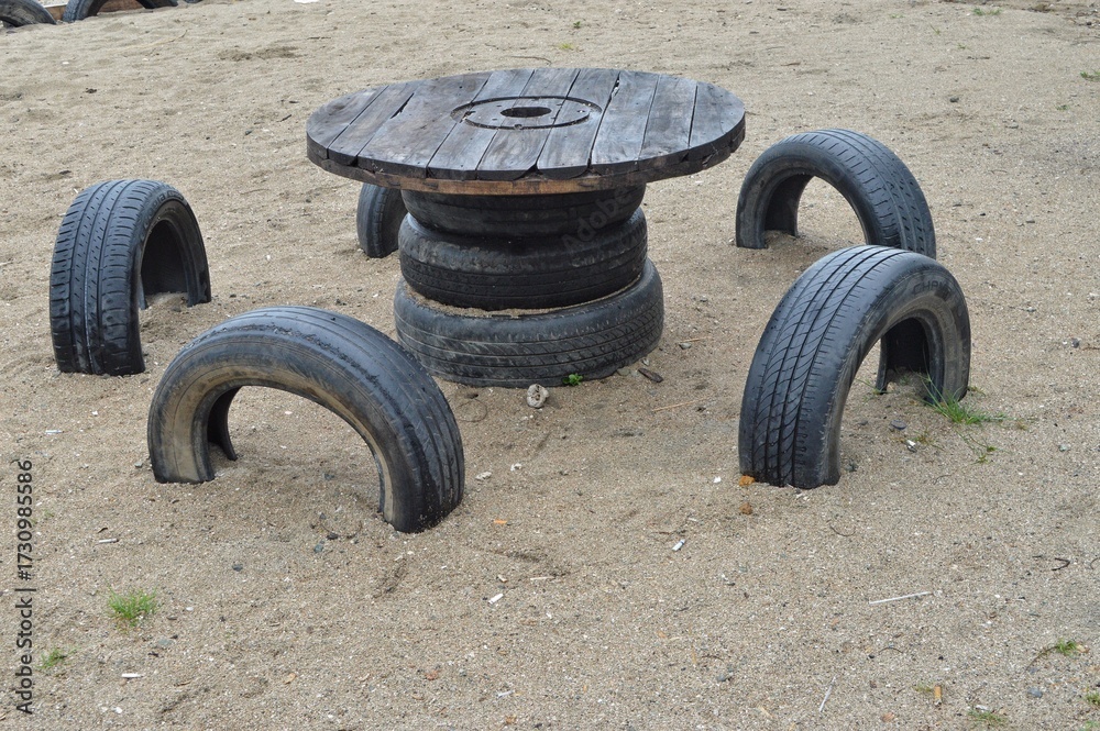Fototapeta premium Creative Beach Chair Made from Recycled Tire