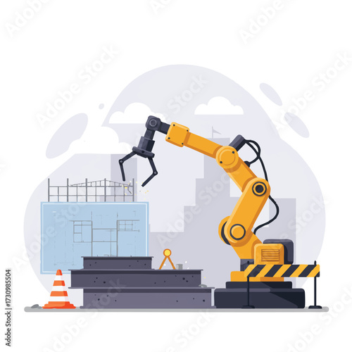 Vibrant 2D flat vector illustration of a powerful industrial robot arm expertly welding a metal beam at a modern construction site, with safety cones and blueprints in the foreground.