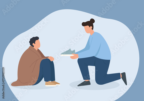 A person shows compassion by kneeling to offer a new pair of shoes to a poor, homeless man sitting on the ground, symbolizing charity and kindness