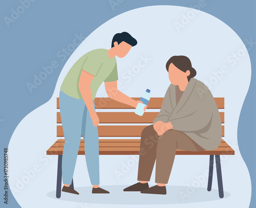 A young man shows kindness by offering a bottle of water to a poor, sad woman sitting on a park bench