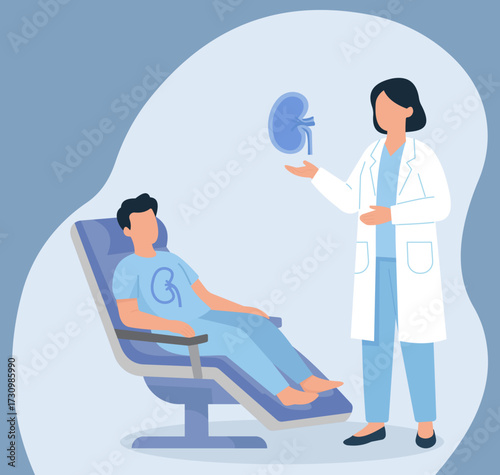 A doctor explains kidney health and treatment options to a patient in a clinic. This illustrates nephrology, urology, and patient care concepts