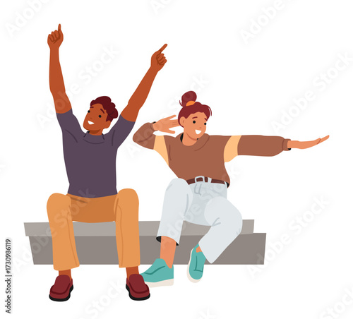 Young boy and girl cartoon teenagers characters chilling having blast and fun together outdoors