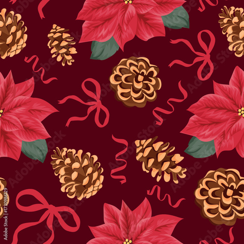 seamless pattern with open red poinsettia buds and various ribbons and bows and pine cones on a red background, for holiday packaging, textiles or printing