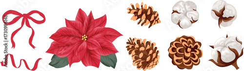 set of winter assorted pine cones, cotton flowers, red ribbons and poinsettia flower, for holiday packaging, textiles or printing