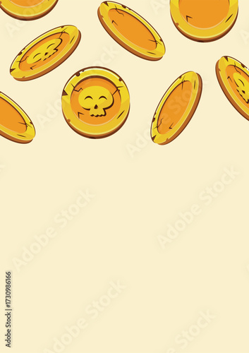 poster with cute skulls located on gold coins on slots that lie in different stacks on a yellow background, coins for the game, icons or other gaming sites