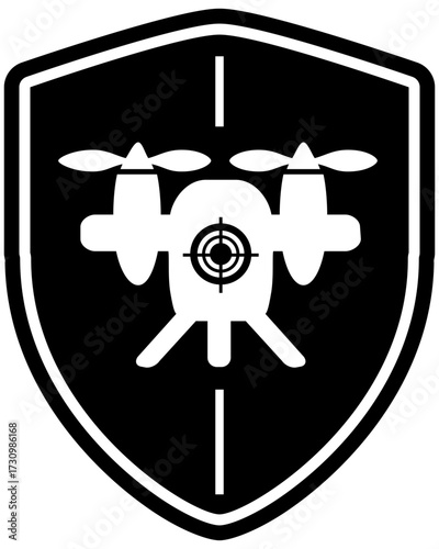Drone defense shield icon with quadcopter and crosshair target. Military technology, anti-drone security, or no-fly zone symbol. Black and white vector.