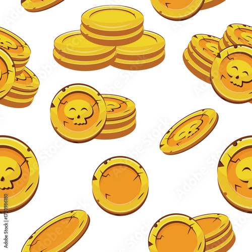 seamless pattern with cute skulls located on gold coins on slots that lie in different stacks and are arranged randomly, coins for game, icons or other gaming sites