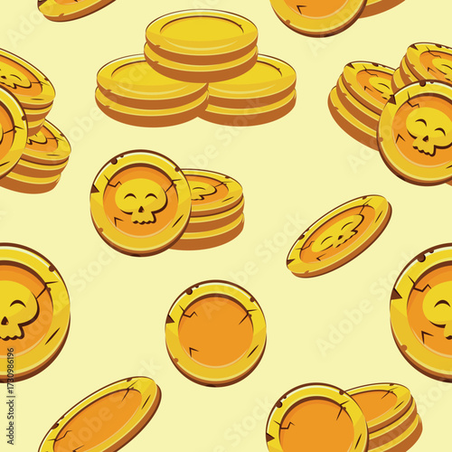 seamless pattern with cute skulls located on gold coins on slots that lie in different stacks on a yellow background, coins for game, icons or other gaming sites