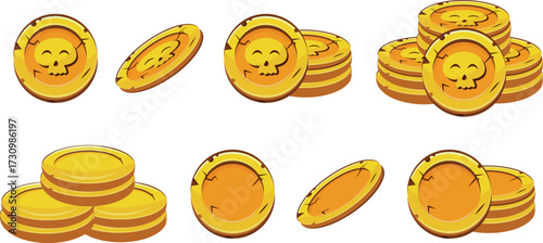 set with cute skulls located on gold coins on slots that lie in different stacks, coins for game, icons or other gaming sites