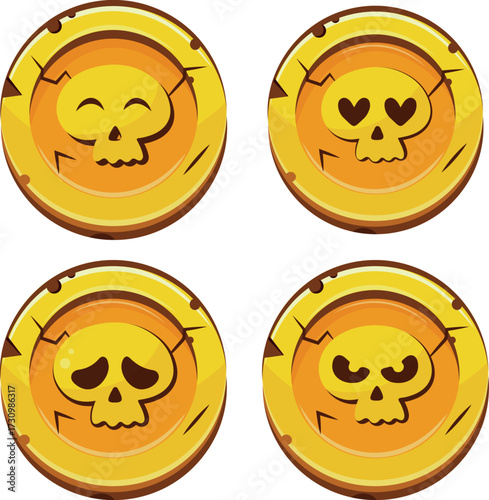 set with various skulls with various facial expressions located on gold slot coins, coins for game, icons or other gaming sites