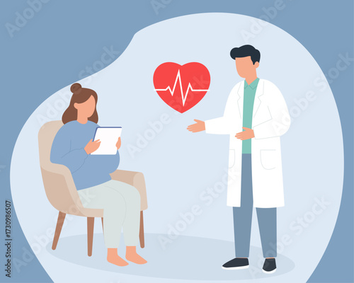 A doctor consults a pregnant patient about her heart health. The flat vector illustration highlights prenatal care, cardiology, and medical advice