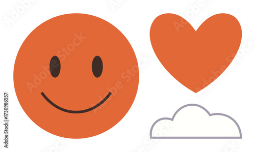 Simple orange happy face radiates happiness, paired with a heart for love and a cloud for imagination. Ideal for positivity, emotions, dreams, mindfulness, motivation, connection joy. Clean flat