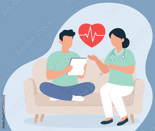 A female doctor consults a male patient about his heart health, showing him information on a tablet. This illustrates healthcare and medical advice