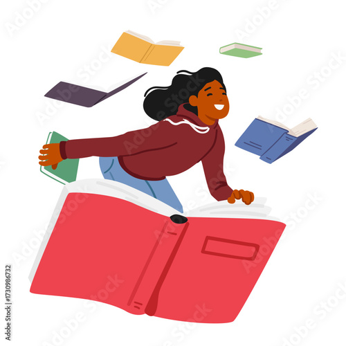 Inspired happy smiling girl student cartoon character enjoying studying surrounded lots of textbooks