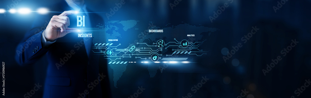 Fototapeta premium Businessman hold word BI, business intelligence tools, data visualization platforms, predictive analytics solutions, corporate decision-making systems and global network.