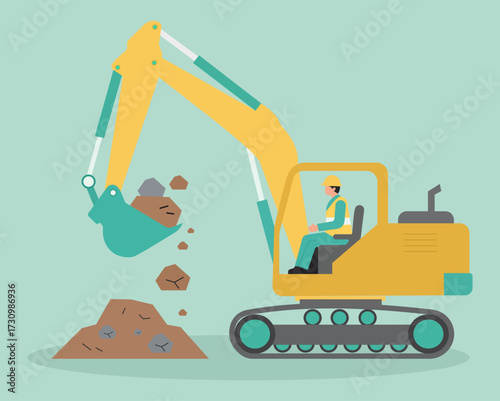 A construction worker in a flat vector illustration operates a yellow excavator, digging and moving a pile of earth and rocks