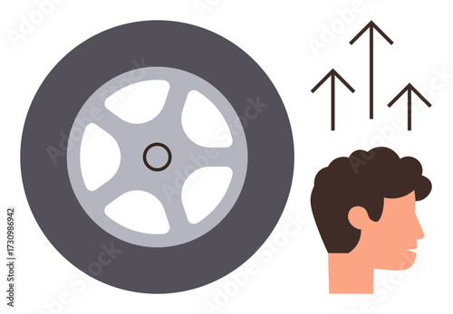 Wheel symbolizing progress, arrows indicating upward growth, and human profile representing creativity and thinking. Ideal for innovation, business growth, creativity, technology, progress, success
