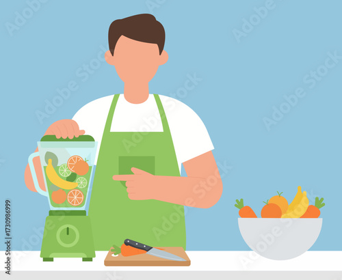 A faceless man in a green apron prepares a healthy fruit and vegetable smoothie in a blender, promoting a healthy lifestyle and diet