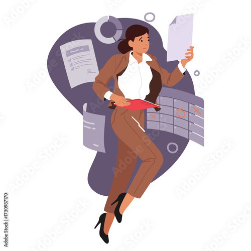 Young woman entrepreneur cartoon character working with financial statistics of business project