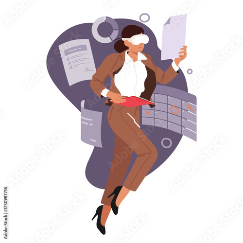 Businesswoman using VR goggles headset and cyberspace interface to do work making data analysis
