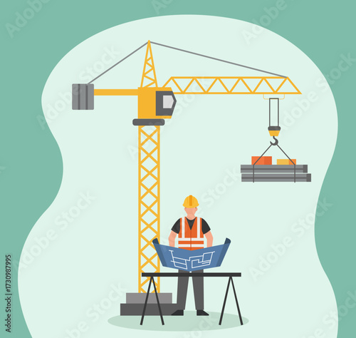 A construction worker examines blueprints at a job site while a tower crane lifts building materials, symbolizing planning and execution in the industry